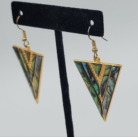 Vintage Goldtone Geometric V Shape Abalone Earrings #1216 - Picture 5 of 11